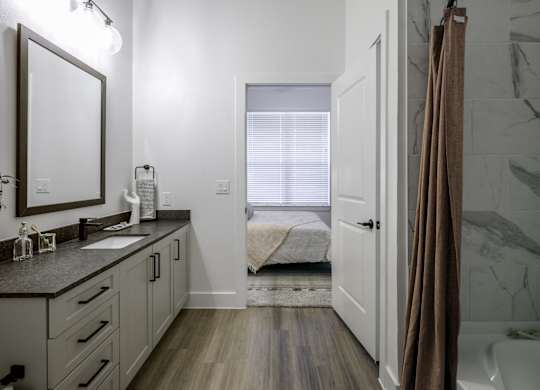 a bathroom with a shower and a sink and a mirror