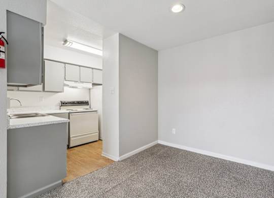 A small kitchen with white appliances and a white countertop.