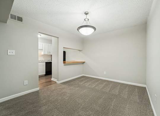 A room with a carpeted floor and a light fixture hanging from the ceiling.