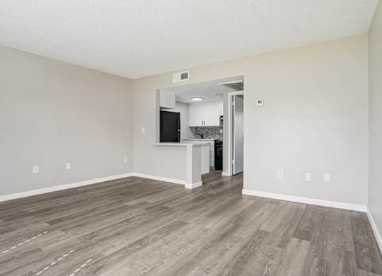 A room with a kitchenette and a doorway leading to another room.