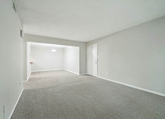 A spacious room with carpeted floor and white walls.