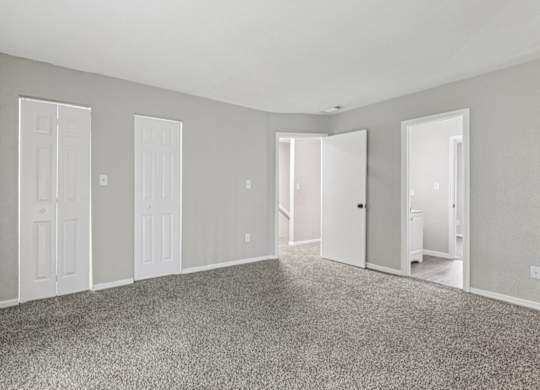 A room with grey carpet and white doors.