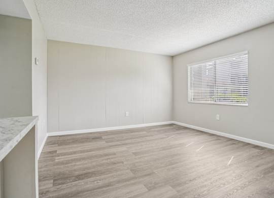 A room with a window and wooden flooring.