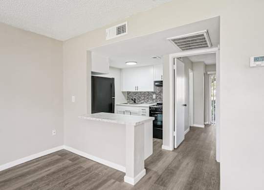 A kitchen area with a counter and cabinets.