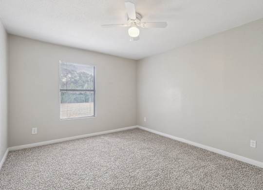 A room with a ceiling fan and carpeted floor.