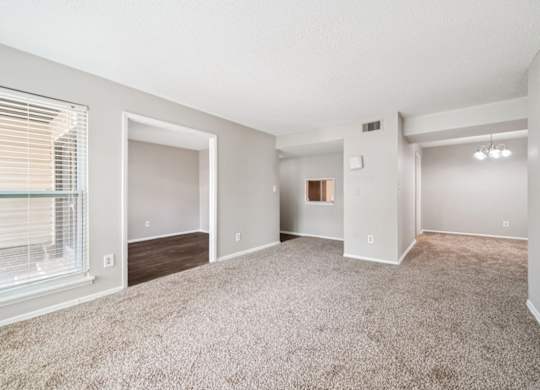 A spacious, empty room with a carpeted floor and a window with blinds.