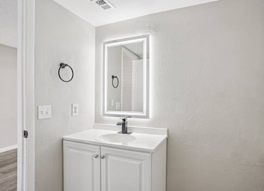 A bathroom with a white sink and a mirror.