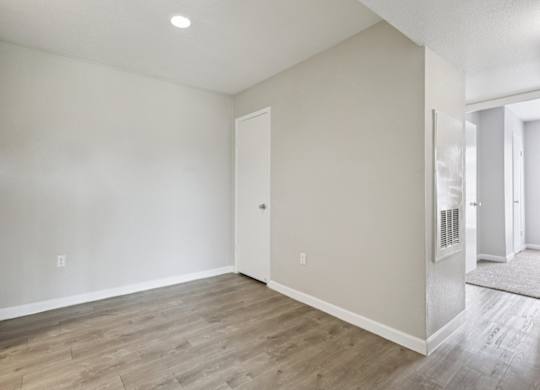 A room with a wooden floor and a door on the left side.