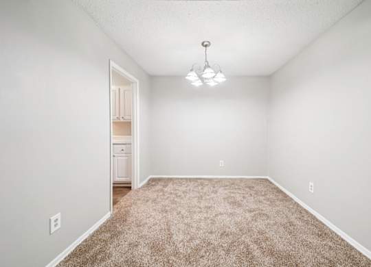 A room with a carpeted floor and a light hanging from the ceiling.