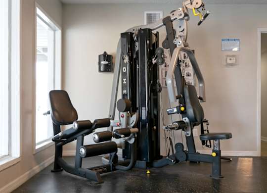 A gym with a weight machine and a bench.