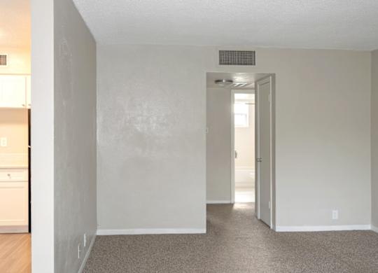 A room with a carpeted floor and a doorway leading to another room.