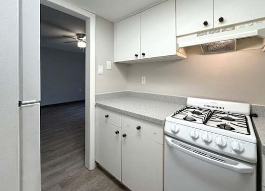 Haven on Canal classic one-bed, one-bath kitchen with white appliances