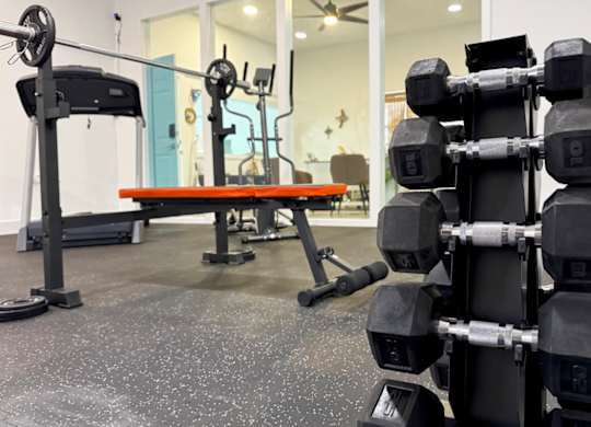 A fitness center with machines and a stack of free weights at Haven on Canal Apartments