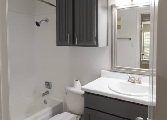 a bathroom with dark cabinets, a sink, toilet, and a bath tub and shower