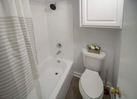 a bathroom with a toilet, tub, and shower