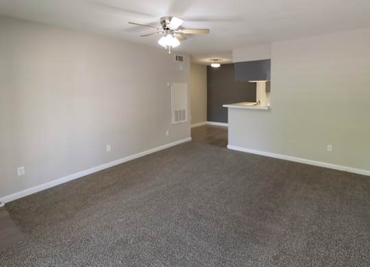 an empty living room with carpet and a ceiling fan at The Forest Apartments