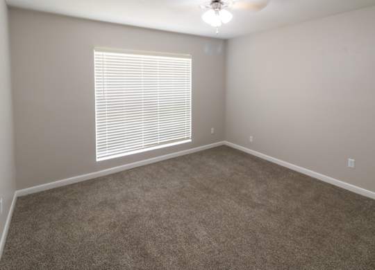 a spacious room with a ceiling fan, large window, and carpet