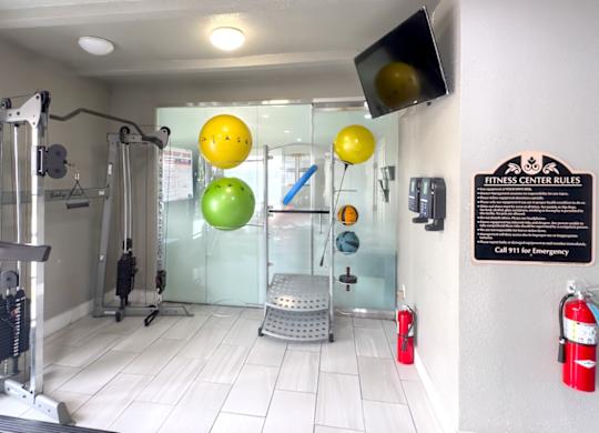 Crosby at Weschase Apartments Gym with yoga and strength training equipment