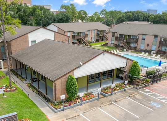 an aerial view of the crosby at westchase clubhouse and swimming pool