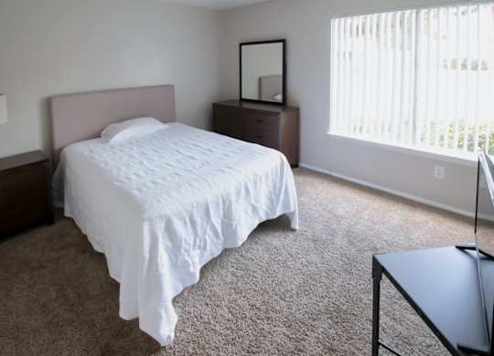 a carpeted bedroom with large window in the model home at Winford Place Apartments