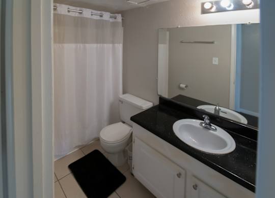 a spacious bathroom with a tub shower, toilet, and sink vanity