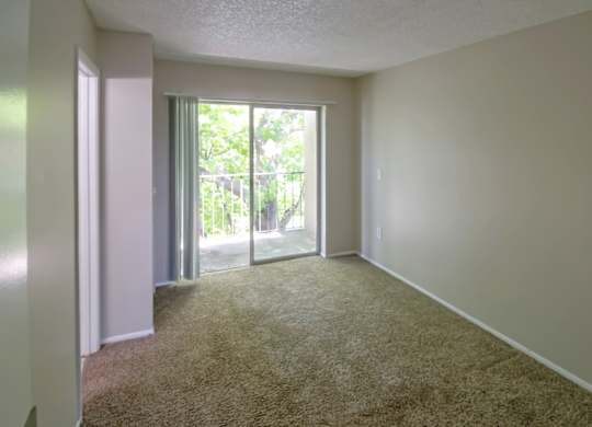a carpeted bedroom with a sliding glass door to a private balcony