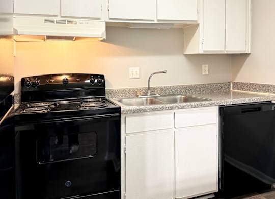 a kitchen with black appliances and white cabinets and a sink at Spring Lake Cove Apartments, Birmingham Alabama
