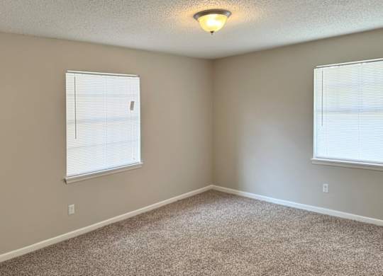 an empty bedroom with two windows and a carpeted floor at Spring Lake Cove Apartments, Birmingham, AL 35215