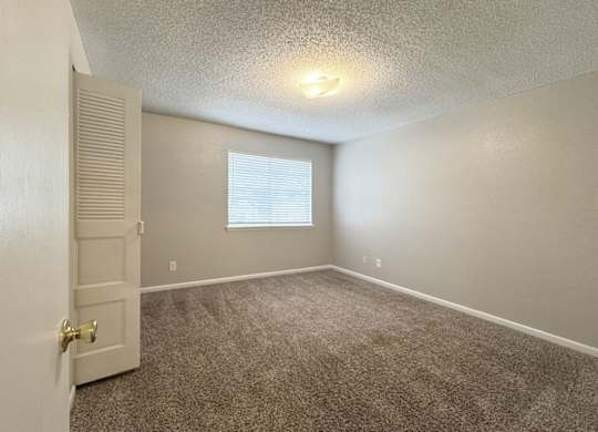 A room with a carpeted floor, a window with blinds, and a closed door.
