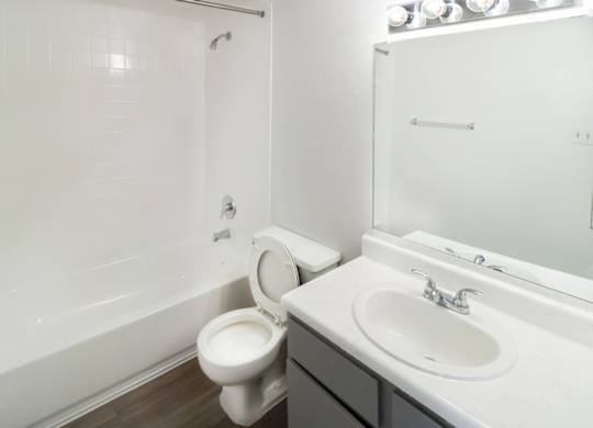 a white bathroom with a tub/shower, toilet, and sink vanity with large mirror