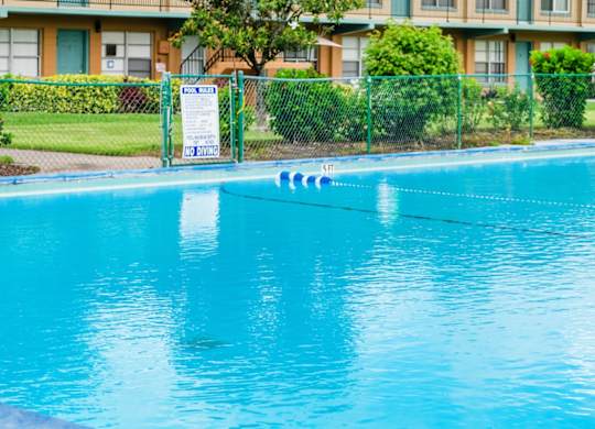 a sparkling blue swimming pool surrounded by lush landscaping at Park Apartments in Daytona Beach, FL