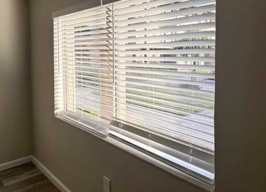 A window with white blinds partially open, allowing some light to enter.