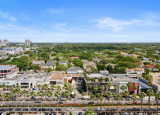 A cityscape with buildings, palm trees, and a clear sky.