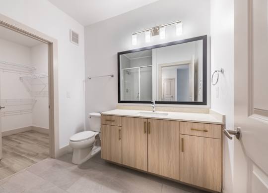 Bathroom with light wood cabinets at 1900 Parmer Apartments in Austin TX