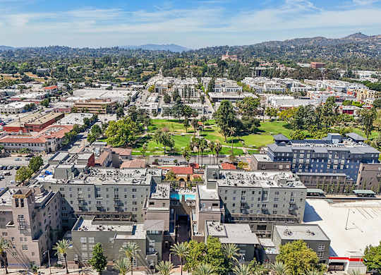 Aerial Building and Central Park at Haven at Del Mar Station Apartments in Pasadena CA