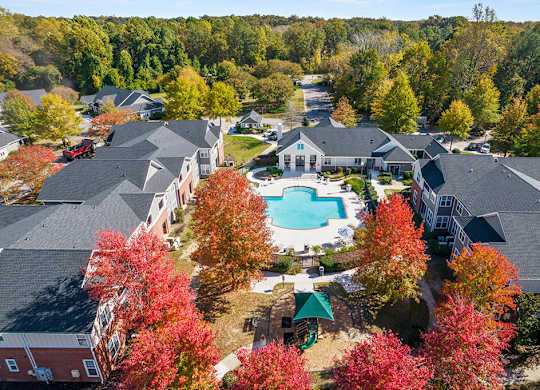 Aerial view of pool at Grand Oaks Apartments in Chester VA