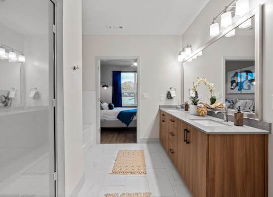 Bathroom attached to bedroom at VERO Apartments in Chelsea MA