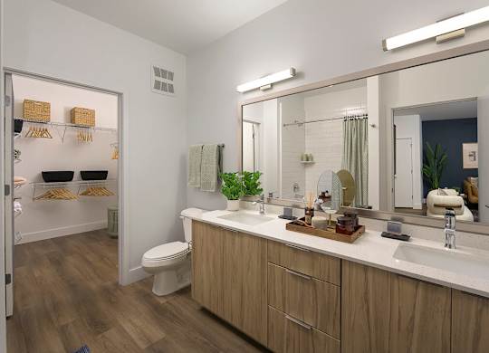 Bathroom with white counters at The Edley in Atlanta GA