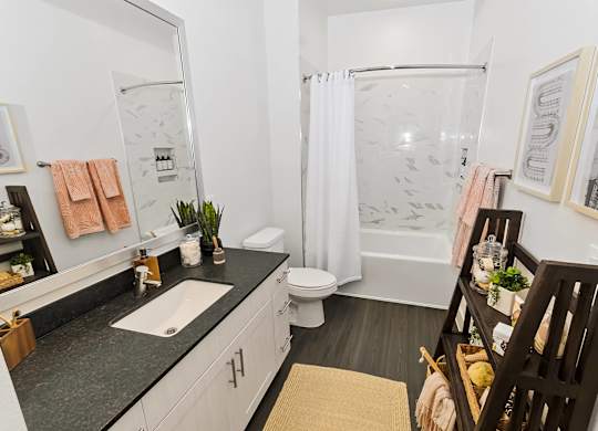 Bathroom with shower tub at Opal Legacy Central in Plano TX