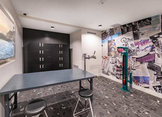 Bike lounge work table at Bevel Apartments in San Diego CA