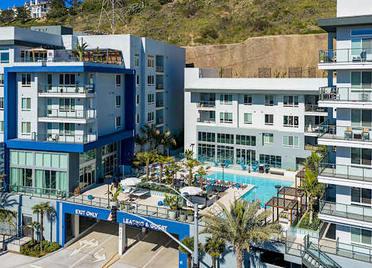 Building exterior at Rivair Apartment Homes in San Diego CA