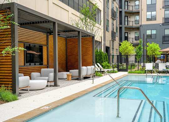 Pool cabanas at 333 Ellington Apartments in Gaithersburg MD