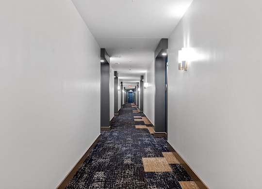 Carpeted hallway at VERO Apartments in Chelsea MA