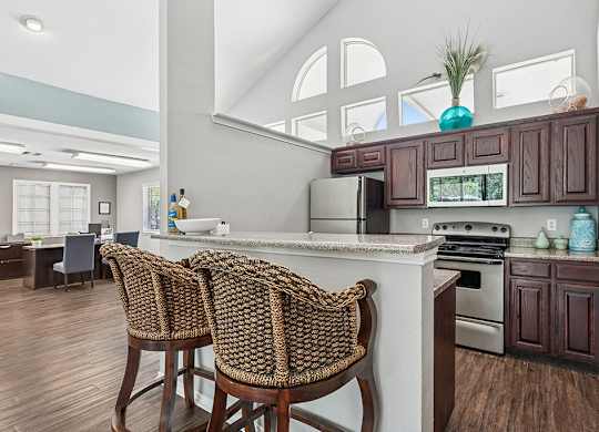 Clubhouse kitchen at Valley Ridge Apartments in Lewisville TX