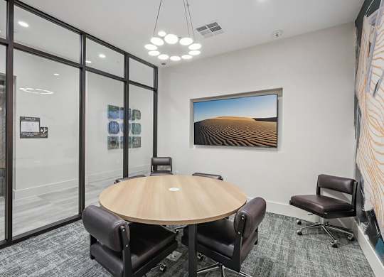 A conference room in Coworking Lounge at The Sevens in Dallas TX