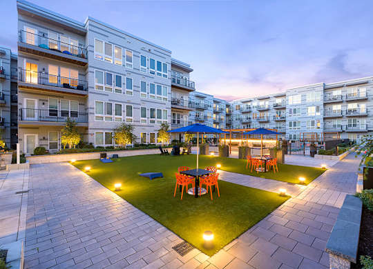 Courtyard at Dusk at Vero Apartments in Chelsea MA