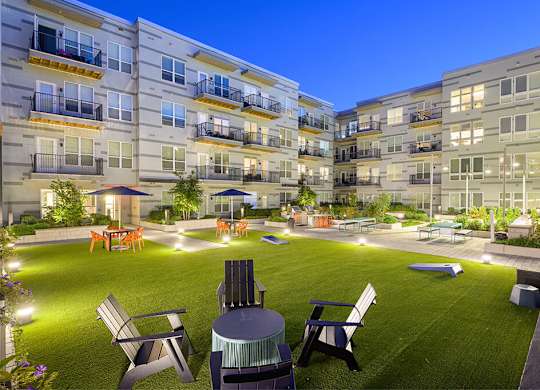 Courtyard Lawn at Dusk at Vero Apartments in Chelsea MA