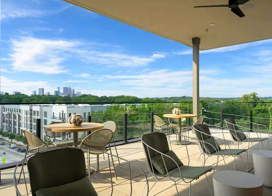 Covered patio with city views at Verge Apartments in Atlanta GA