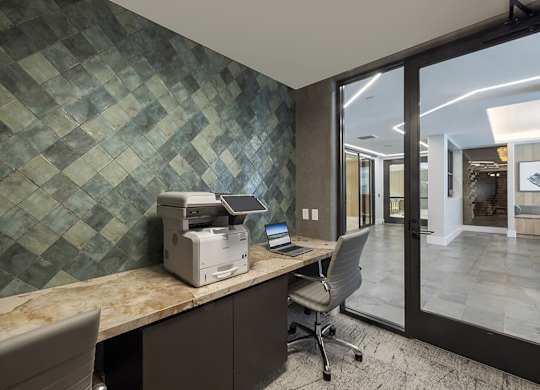 Coworking lounge workspace at Main and Jamboree Apartments in Irvine CA