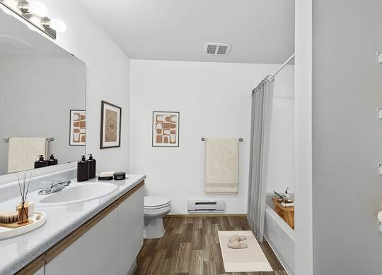 Bathroom with sink and shower at Lakewood Meadows Apartments in Lakewood WA